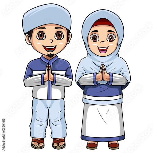Illustration of Happy couple muslim kids cartoon