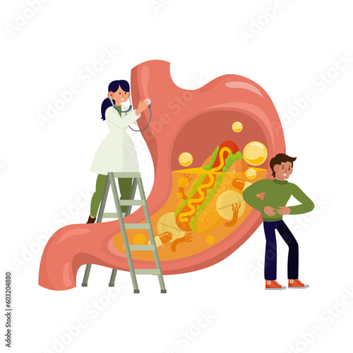 Man Character Suffer of Stomachache and Helicobacter Disease. Patient Touch Painful Belly at Doctor's Appointment. Vector Flat Illustration