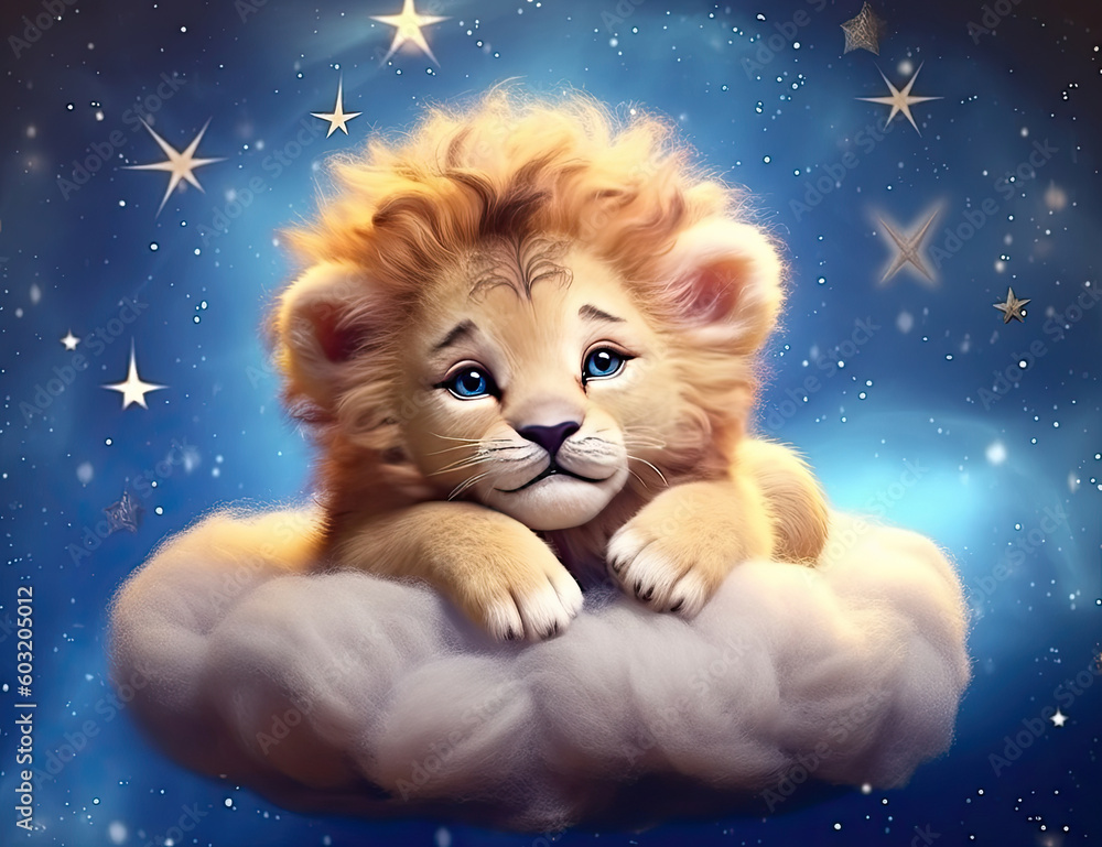 Fototapeta premium Adorable baby lion nursery art, wall art, children's painting, sleeping, good night. Generative AI