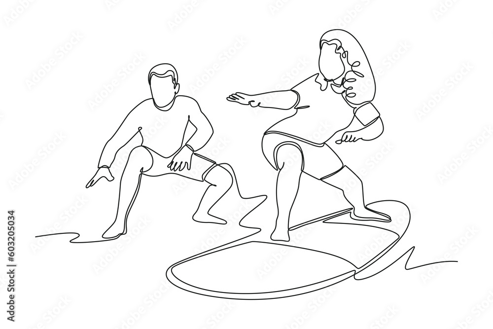 Single one line drawing learn to surf with trainer. Class it up concept. Continuous line draw design graphic vector illustration.