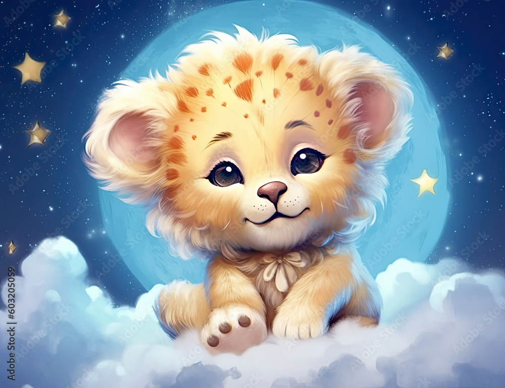 Adorable baby lion nursery art, wall art, children's painting, sleeping, good night. Generative AI Adorable baby lion nursery art, wall art, children's painting, sleeping, good night. Generative AI