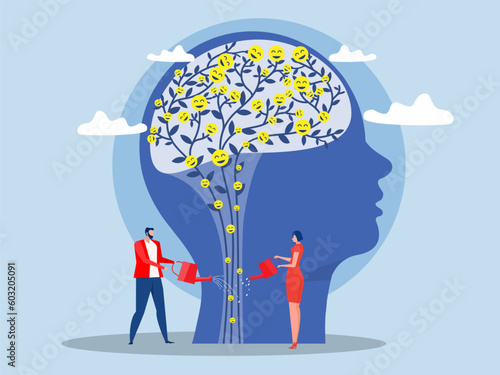 People water the plants brain growth mindset or idea positive thinking concept vector illustrator