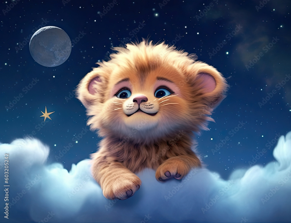 Fototapeta premium Adorable baby lion nursery art, wall art, children's painting, sleeping, good night. Generative AI