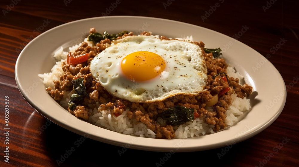 Generative AI image of the Phat kaphrao also spelled as Pad Kra pao, is one of the most popular Thai à la carte dishes Generative AI image of the Phat kaphrao also spelled as Pad Kra pao, is one of the most popular Thai à la carte dishes