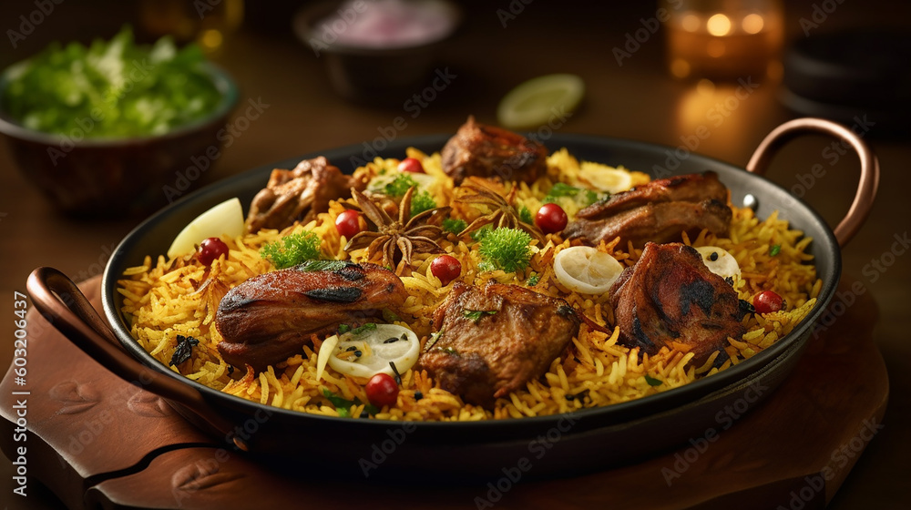 Generative AI image of the Biryani or Briyani, a mixed rice dish from South Asia, made from Indian spices, vegetables, meat and rice