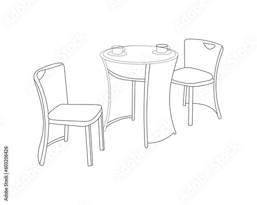 Wooden restaurant chairs with table dining set in modern interior with white background