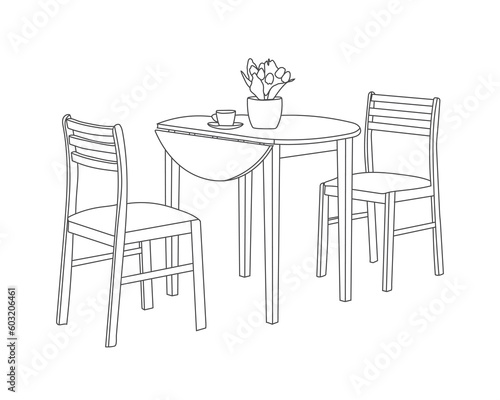 Restaurant furniture hand drawn outline, Wooden chairs with table dining set with white background