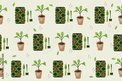 Plants with gardening accessories on light background. Pattern for design