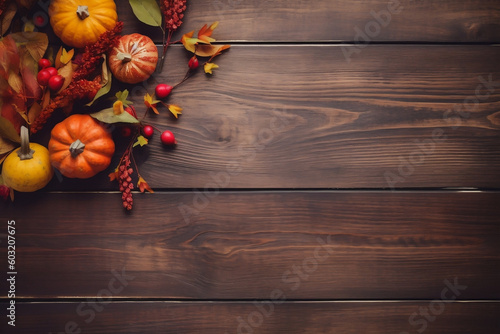Thanksgiving background  Autumn leaves on wooden background  pumpkin  dry leaves  Old dark wood with empty space to text  Thanksgiving and Halloween celebration decoration concept