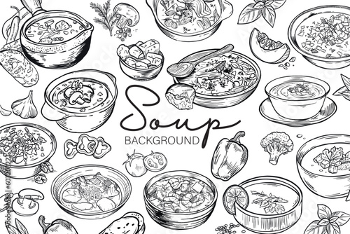 Banner with different tasty soups on white background photo