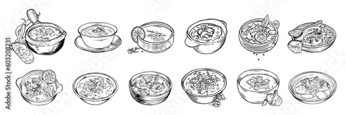 Set of different tasty soups on white background