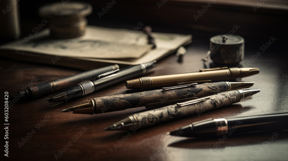 Naklejka premium Pens to write old, vintage, period. Pens with manuscripts on top of an old table. Image generated by AI.