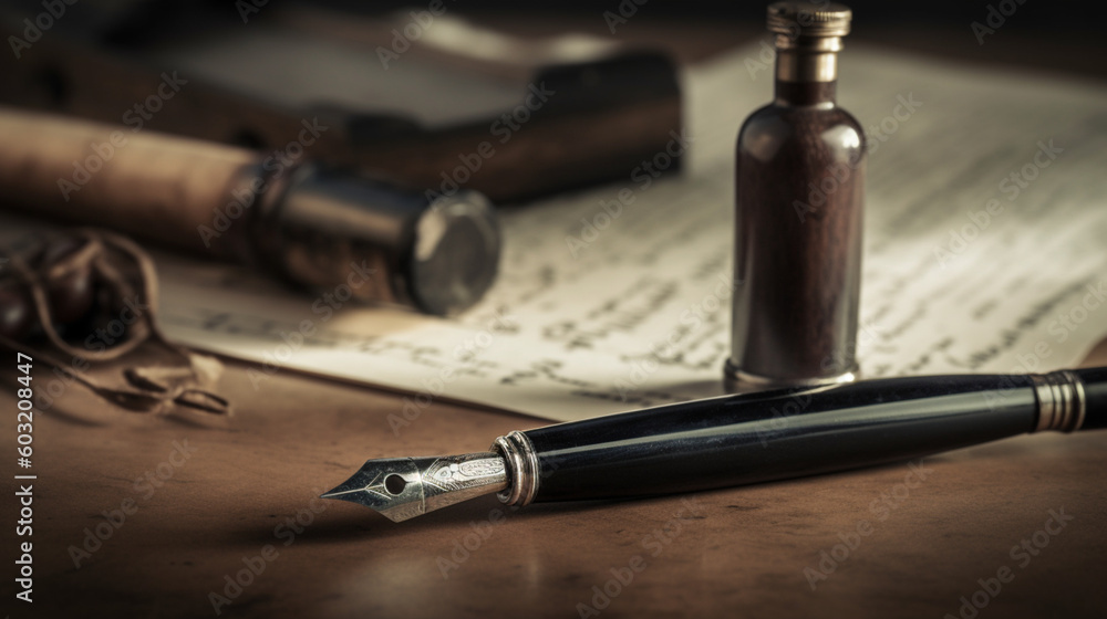 Pens to write old, vintage, period. Pens with manuscripts on top of an old table. Image generated by AI.