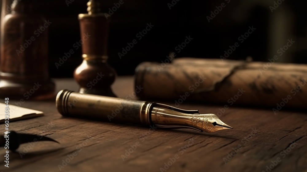 Naklejka premium Pens to write old, vintage, period. Pens with manuscripts on top of an old table. Image generated by AI.