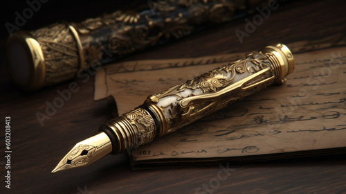 Pens to write old, vintage, period. Pens with manuscripts on top of an old table. Image generated by AI.