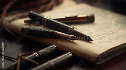 Pens to write old, vintage, period. Pens with manuscripts on top of an old table. Image generated by AI.