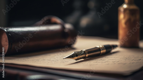 Pens to write old, vintage, period. Pens with manuscripts on top of an old table. Image generated by AI.