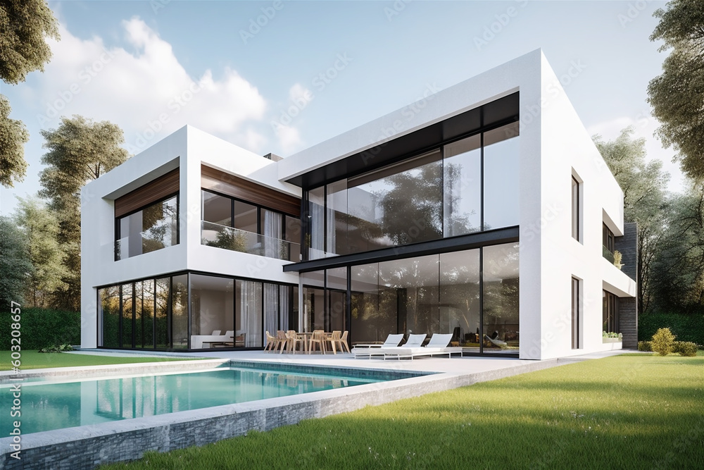 Elegantly designed villa exterior and swimming pool