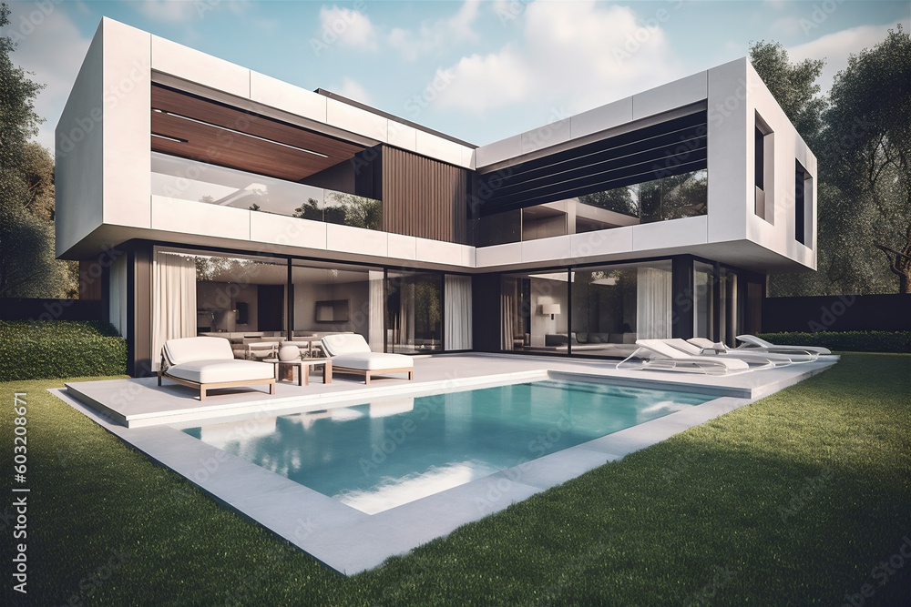 Elegantly designed villa exterior and swimming pool