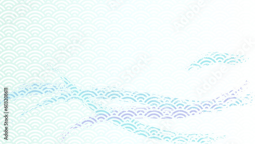 青海波のパターンとブラシストロークの横長背景イラスト