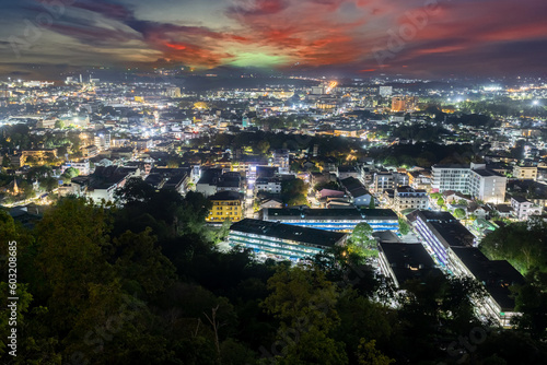 Panoramic aerial view of phuket town at nights illuminated with the night lights Phuket thailand 