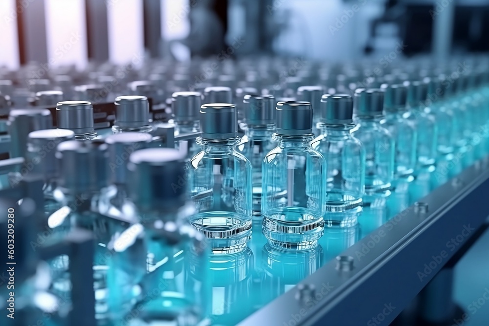 Pharmaceutical glass bottles production line. Pharmaceutical factory created with Generative AI technology