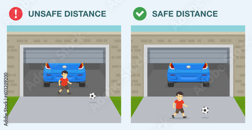 Garage door safety tips and rules. Safe and unsafe distance. Don't play under a moving garage door. Male kid plays with ball while door is closing. Flat vector illustration template.