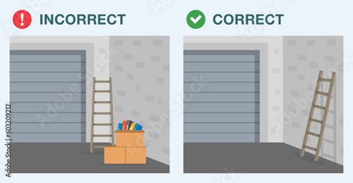 Garage door safety tips and rules. Correct and incorrect placement of household items in garage. Don't leave objects close to or underneath garage door. Flat vector illustration template.