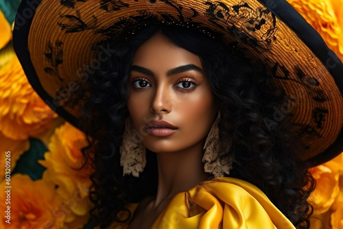 Colombian woman in a yellow hat and dress with a pattern on it created with Generative AI technology photo
