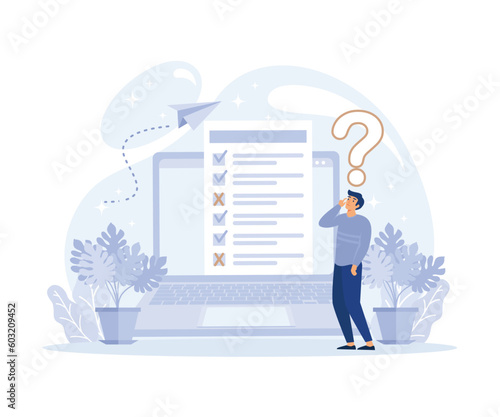 Online survey concept, Man thinking and fills out form of questionnaire, marking correct and incorrect answers,  flat vector modern illustration 