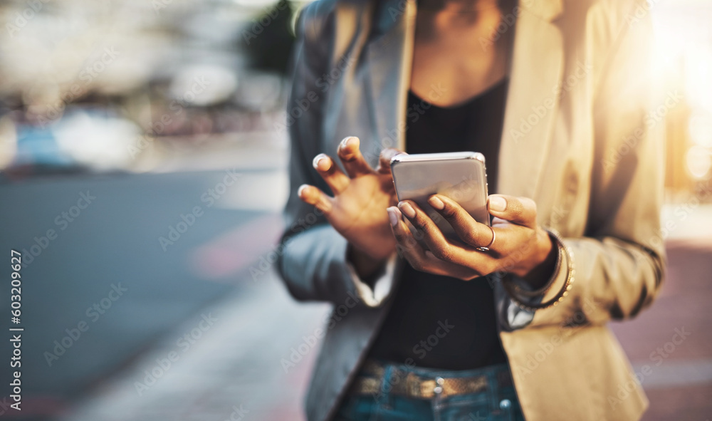 Business woman, hands and phone in city networking, social media or texting outdoors. Hand of female professional chatting on mobile smartphone for communication or browsing in street of urban town