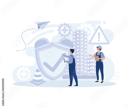 Working environment  concept, Quality work, workplace safety, occupational health,  injury prevention, flat vector modern illustration