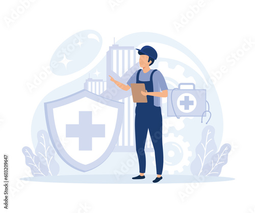 Working environment  concept, Quality work, workplace safety, occupational health,  injury prevention, flat vector modern illustration