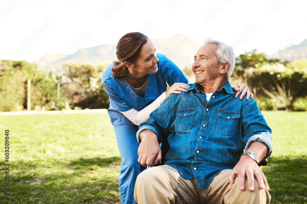 Senior man, nurse and wheelchair for life insurance, healthcare support or garden at nursing home. Happy elderly male and woman caregiver helping patient or person with a disability in the outdoors Senior man, nurse and wheelchair for life insurance, healthcare support or garden at nursing home. Happy elderly male and woman caregiver helping patient or person with a disability in the outdoors