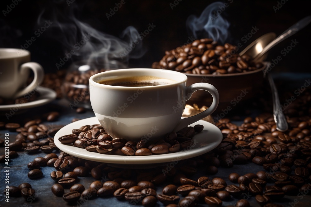 breakfast mug brown cafe aroma morning drink espresso cup bean. Generative AI. breakfast mug brown cafe aroma morning drink espresso cup bean. Generative AI.