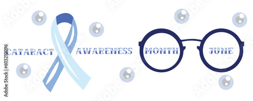 Banner for Cataract Awareness Month with ribbon and glasses
