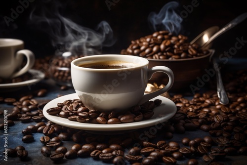 breakfast mug brown cafe aroma morning drink espresso cup bean. Generative AI.