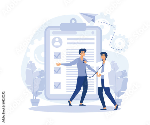 General health check up, Head to toe physical examination, developmental screening, Body Mass Index, flat vector modern illustration