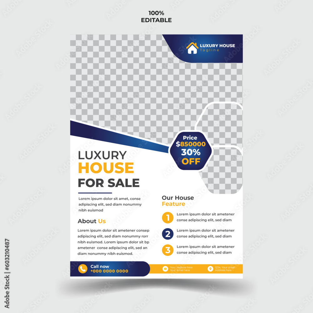 Obraz premium Modern and creative real estate house sale flyer template