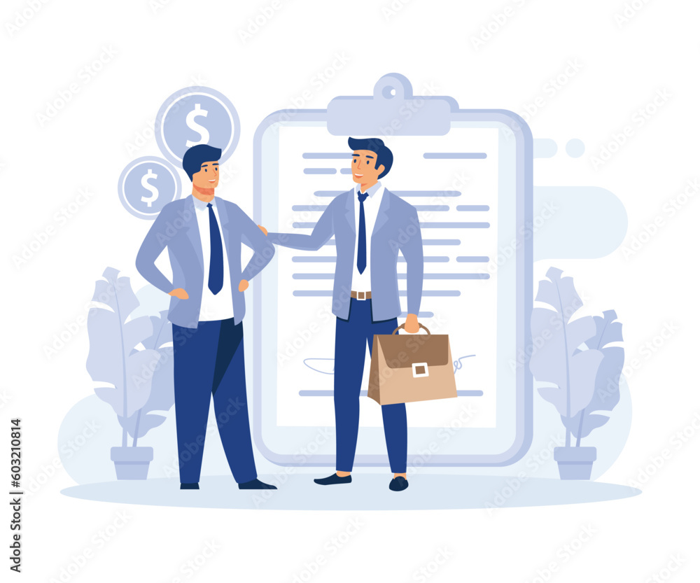 Financial agreement signing, Legal document, business papers. Bill of sale, flat vector modern illustration Financial agreement signing, Legal document, business papers. Bill of sale, flat vector modern illustration