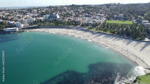 Coogee Beach And Blue Sea In Summer From Goldstein Reserve Park In Sydney, NSW, Australia. - aerial wide photo