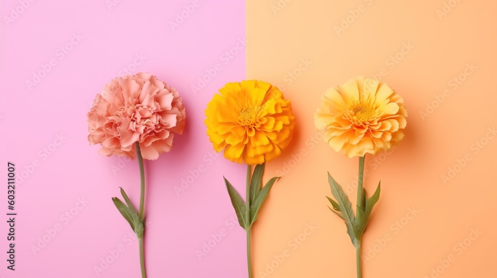 marigold flowers on pink pastel and yellow background marigold flowers on pink pastel and yellow background