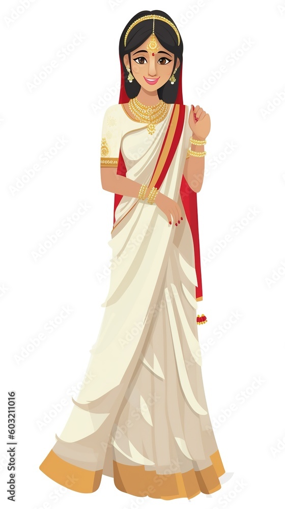 caricature cartoon indian bride in a gold, red, white saree caricature cartoon indian bride in a gold, red, white saree