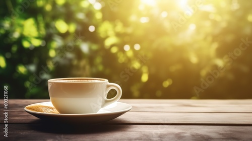 Espresso Coffee Cup on wooden surface, morning bokeh blurr background