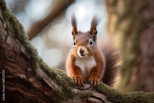 red squirrel on bark of tree