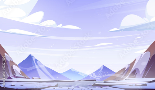 Winter mountain landscape with lake ice crack vector. Snow background cartoon illustration with frozen peak range. Snowy rocky nature panorama scene. Danger hole in river water near rock scenery.