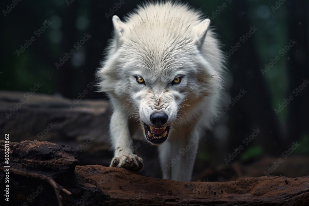 Obraz premium Portrait a wolf on the forest AI Generative