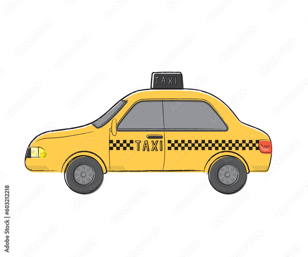 働く車　タクシー　手描きタッチベクターイラスト