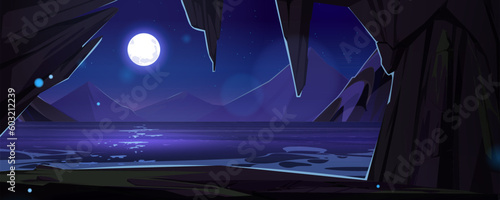 Night mountain river landscape inside cave view vector background. Full moon light in sky near rock grotto entrance on fantasy lake shore. Dark antre to secret cavern in cliff near sea coast.
