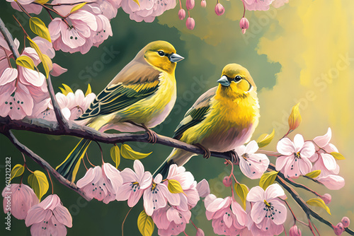 two canary birds on flowers